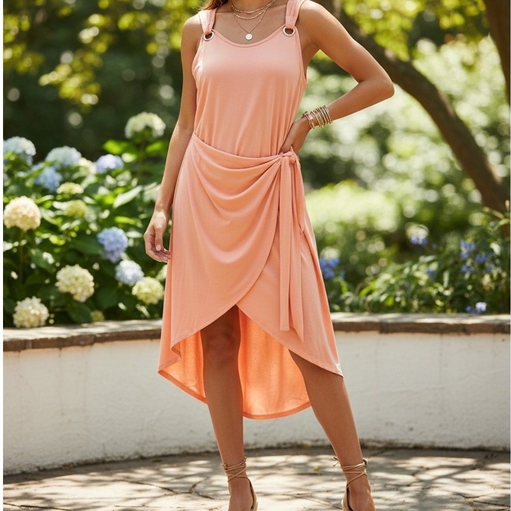 Peach Women Sleeveless‎ High Low Wrap Dress Orange Size L Scoop Neck Ring Detail